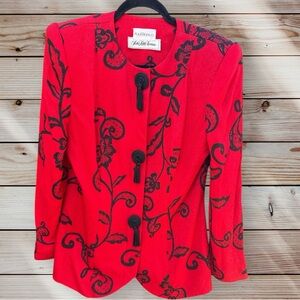 Raul Blanco Saks Fifth Avenue Red & Black Floral Blazer w/tassel buttons sz 10